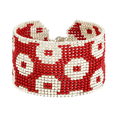 Brazalete Telar Plata Grueso Rondanas Rojo